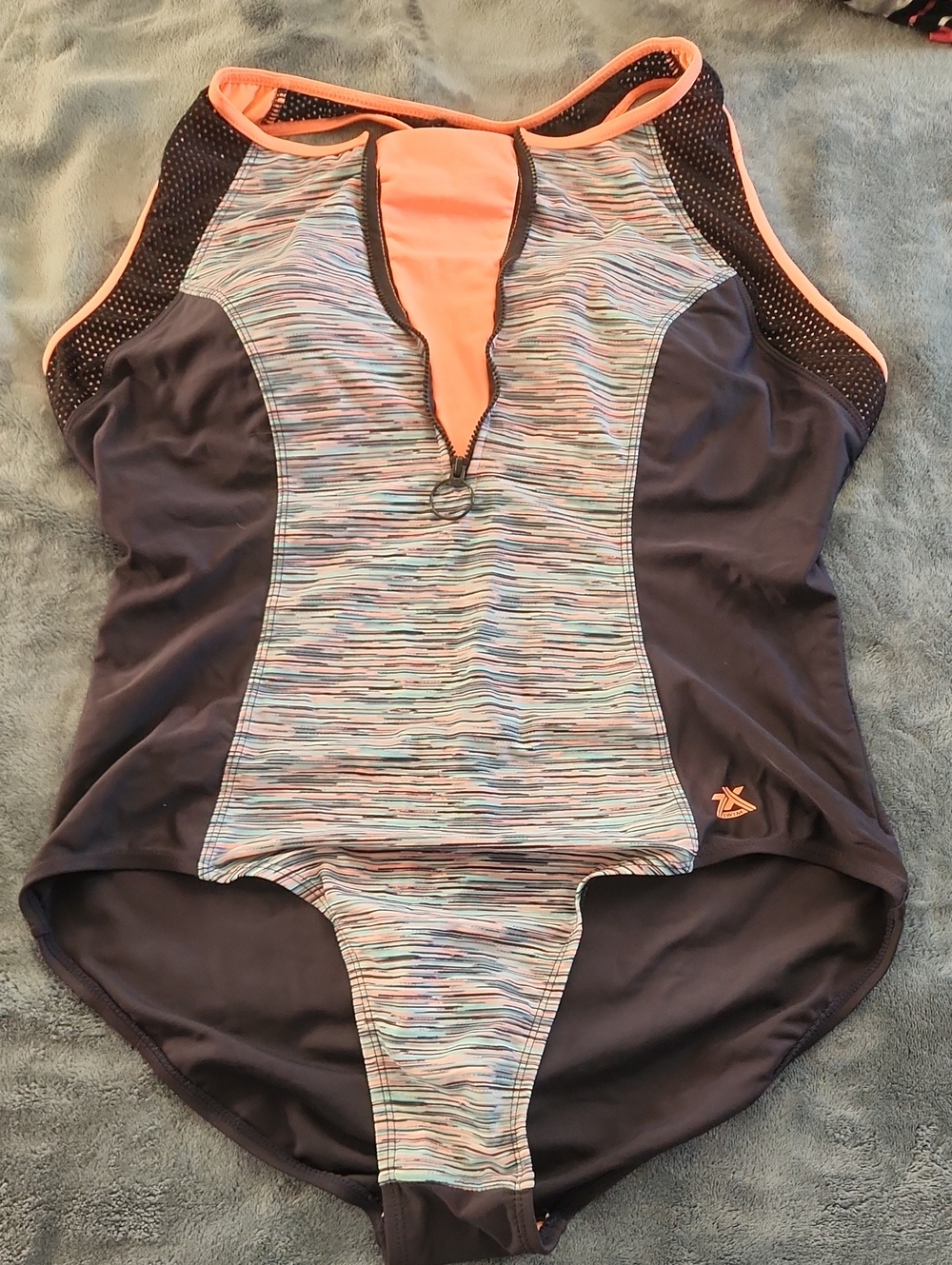 Women’s One-Piece Zip Front Swim Suit in Navy and Coral